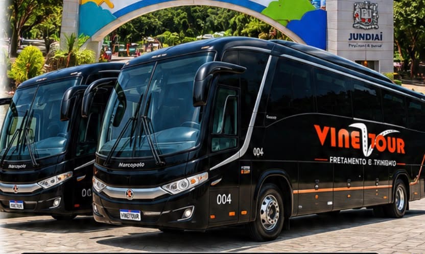 Ônibus da Vinetour em frente ao pórtico de entrada de Jundiaí-SP